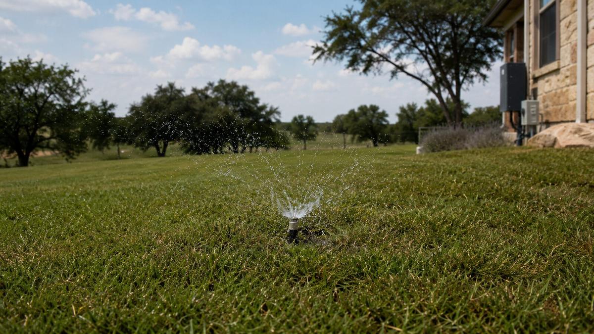 A spray head distributing water on a residential lawn, the same style aerobic septic systems use to disperse treated water