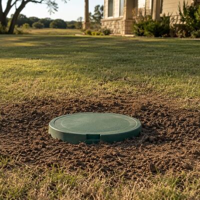 A completed septic system access riser at grade in a residential lawn