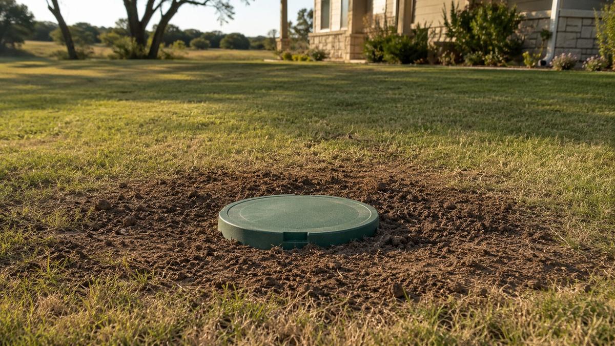 A completed septic system access riser sitting flush at grade in a residential lawn