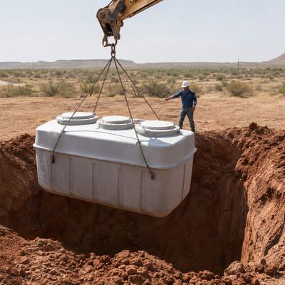 A septic tank being lowered into an excavated installation pit