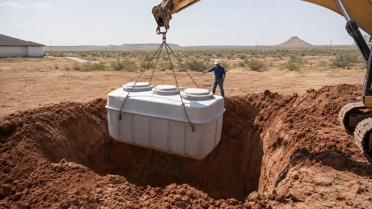 A septic tank being lowered into an excavated installation pit